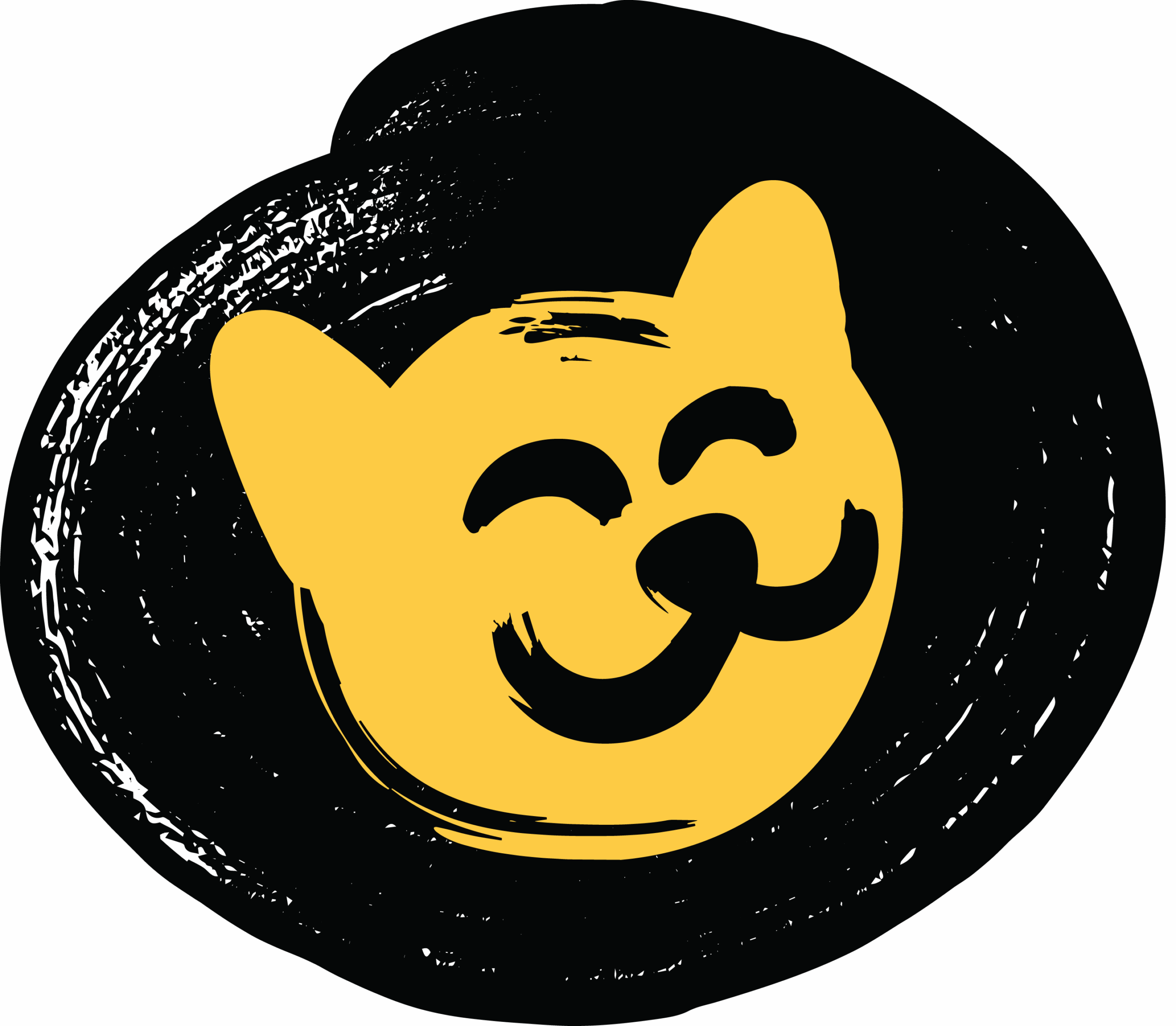 Yellow smiling cat face icon painted on black background