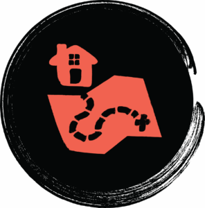 Coral red home and path icon symbolizing community outreach and pet support