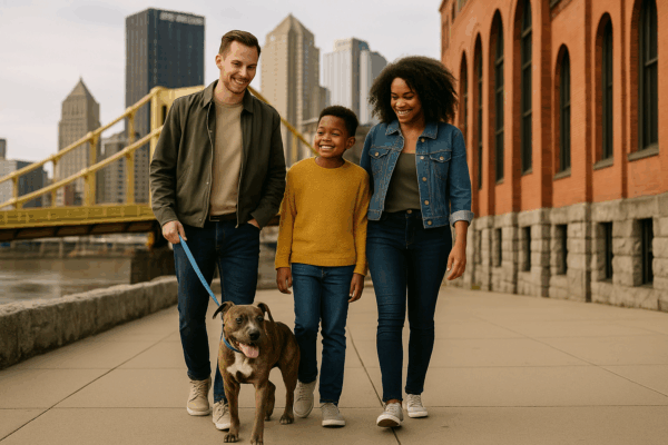 A multiracial family walking a pit bull dog along the Pittsburgh riverfront near the yellow bridge, with downtown skyscrapers in the background.