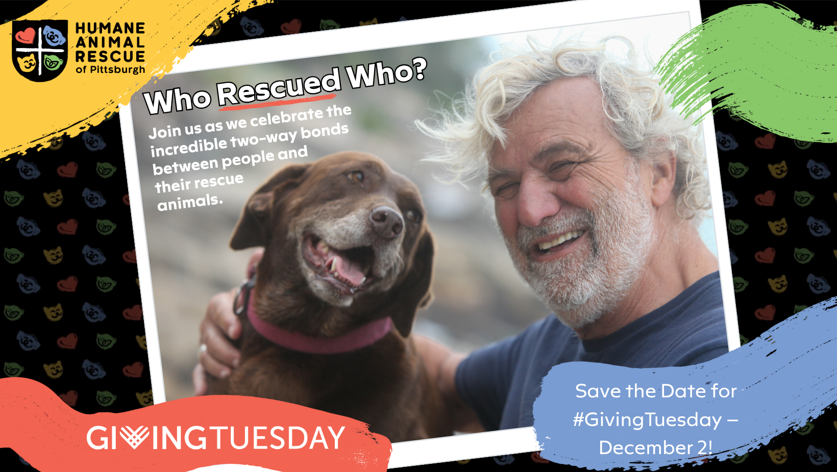 Smiling man with his happy senior rescue dog promoting HARP’s Giving Tuesday “Who Rescued Who?” campaign.