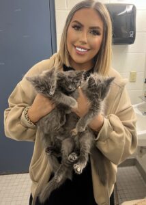 A woman smiling while holding three gray kittens in an animal care room.