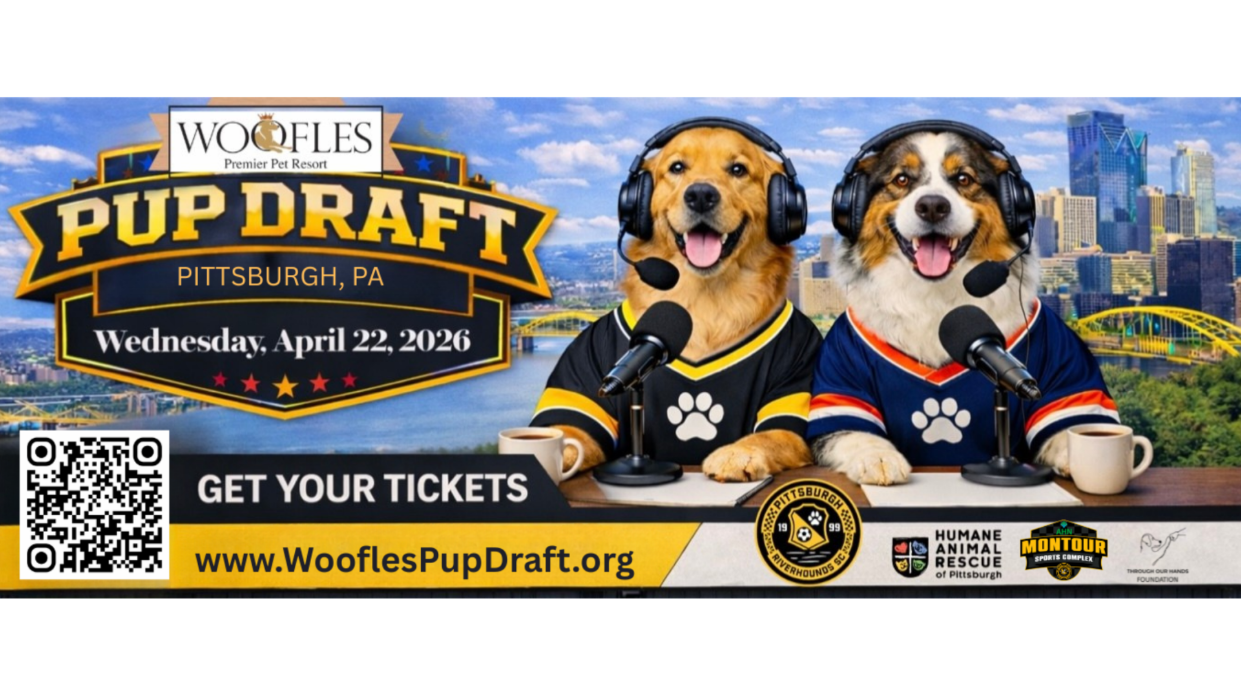 Woofles Pup Draft Pittsburgh PA dog charity event banner with two dogs wearing sports jerseys and headsets promoting April 22 2026 tickets